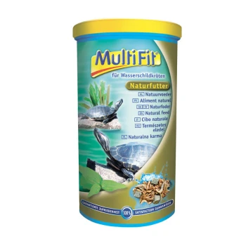 Pojemnik z naturalną karmą dla żółwi MultiFil, z żółwiami na skale i roślinami wodnymi, z wielojęzycznymi etykietami i gwarancją satysfakcji.