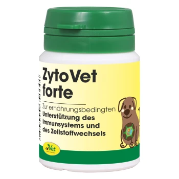 Ein weißer Behälter mit grünem Deckel, beschriftet mit "ZytoVet forte" von cdVet, mit einem gelben Hintergrund und dem Text "100% NATUR".