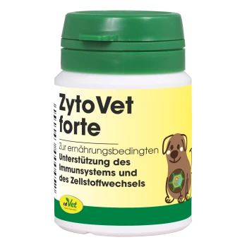 Ein weißer Behälter mit grünem Deckel, beschriftet mit "ZytoVet forte" von cdVet, mit einem gelben Hintergrund und dem Text "100% NATUR".