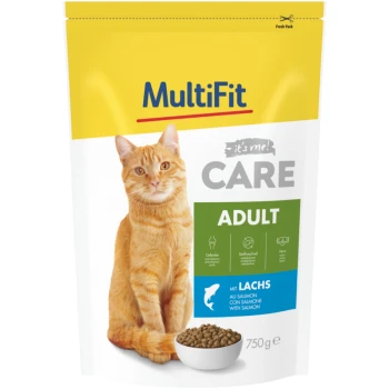 Cat food package featuring an orange tabby cat, labeled "MultiFit CARE ADULT" with salmon, 750g, highlighting joint health and metabolism.