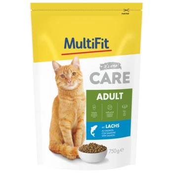 Hundefutterverpackung mit einer orangefarbenen getigerten Katze, beschriftet mit "MultiFit CARE ADULT" mit Lachs, 750g, die Gelenkgesundheit und Stoffwechsel hervorhebt.
