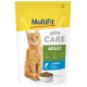Hundefutterverpackung mit einer orangefarbenen getigerten Katze, beschriftet mit "MultiFit CARE ADULT" mit Lachs, 750g, die Gelenkgesundheit und Stoffwechsel hervorhebt.