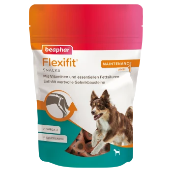 Przekąski Beaphar Flexifit dla psów, z brązowym i białym psem na opakowaniu, podkreślające witaminy, omega 3 i glukozaminę.