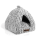 Gemütliches graues Haustierhaus in dreieckiger Form, mit plüschiger Textur und einem kleinen Eingang, mit dem Aufkleber "LITTLE LORD" auf einem braunen Etikett.