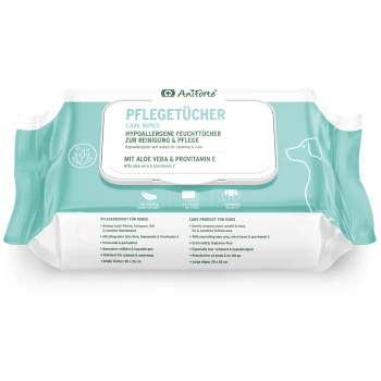 Pflegetücher 100 Stück Hypoallergene Pflegetücher für Hunde mit Aloe Vera und Provitamin E, verpackt in einer türkis-weißen Hülle.