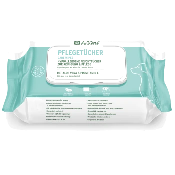 Hypoallergene Pflegetücher für Hunde mit Aloe Vera und Provitamin E, verpackt in einer türkis-weißen Hülle.