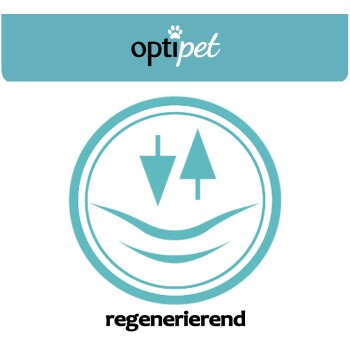 Logo von "optipet" mit einem kreisförmigen Symbol, das einen nach unten zeigenden Pfeil und einen Baum zeigt, beschriftet mit "regenerierend" in fettem schwarzen Text darunter.
