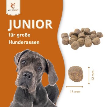 WILDFANG-Label 'JUNIOR für große Hunderassen' mit großem grauen Welpen, einem Haufen Trockenfutter und dargestelltem Krokettenmaß 13 mm × 12 mm.