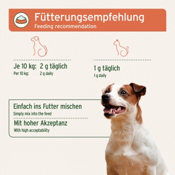 Fütterungsempfehlungstabelle für Haustiere, die die tägliche Dosierung detailliert: 2g für jede 10kg Hundew Gewicht und 1g für Katzen, mit Anweisungen zum Mischen in das Futter.