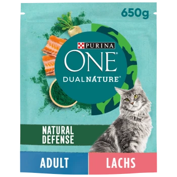 Sac de nourriture pour chats Purina ONE DualNature, 650g, avec un chat gris, des morceaux de saumon, et des étiquettes "Natural Defense", "Adult" et "Lachs".