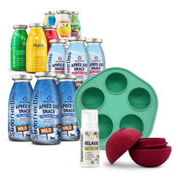 SMOOTHIEDOG-Flaschen APRÈS SKI SNACK Wild und weitere Sorten, grünes 6er-Silikonform, roter Ball, RELAXIO-Spray.
