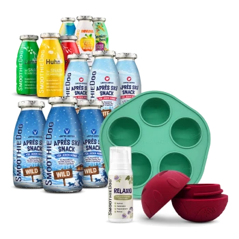 SMOOTHIEDOG-Flaschen APRÈS SKI SNACK Wild und weitere Sorten, grünes 6er-Silikonform, roter Ball, RELAXIO-Spray.