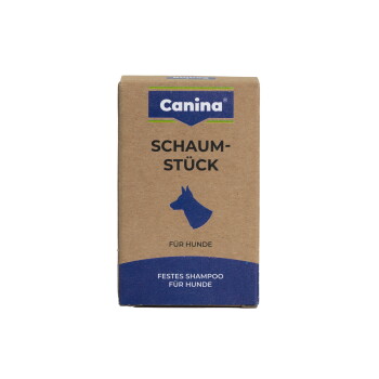 Canina-Schachtel mit festem Hundeshampoo „Schaumstück“, blaues Hundeprofil und die Texte „Für Hunde“ und „Festes Shampoo“.