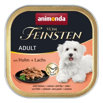 Dose mit nassem Hundefutter mit einem weißen Hund auf der Vorderseite, beschriftet mit "animonda VOM FEINSTEN ADULT mit Huhn + Lachs" und "in Sauce."