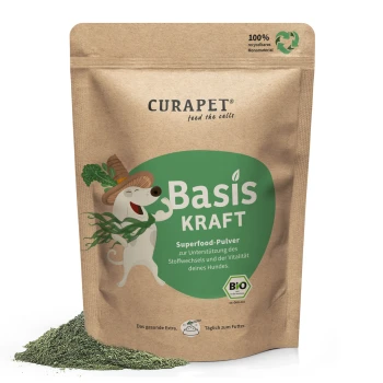 Curapet Basis Kraft Superfood-Pulver für Hunde, mit einer Illustration eines glücklichen Hundes, mit Text auf Deutsch über die Unterstützung des Stoffwechsels und der Vitalität.
