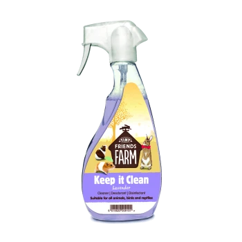Spray bottle of Tiny Friends Farm Keep it Clean Lavender cleaner, deodorant, disinfectant for animals, birds, reptiles.