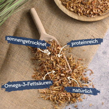 Getrocknete kleine Garnelen auf Jute mit Holzlöffel, beschriftet mit „sonnengetrocknet“, „eiweißreich“, „Omega-3-Fettsäuren“ und „natürlich“ auf Deutsch.