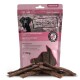 Eine rosa und weiße Haustiersnack-Tüte mit der Aufschrift "Chewies", die einen schwarzen Hund zeigt, enthält Fleischstreifen aus 100% reinem Lamm, 150g.