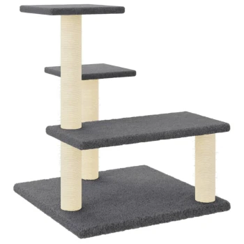 Grauer Katzenbaum mit drei Plattformen und mit Sisal umwickelten Kratzpfosten. Ideal zum Klettern und Kratzen.