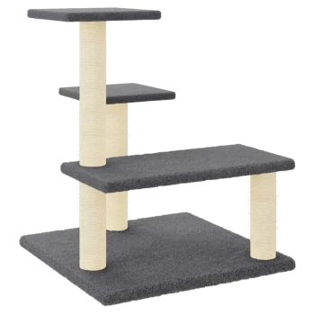Grauer Katzenbaum mit drei Plattformen und mit Sisal umwickelten Kratzpfosten. Ideal zum Klettern und Kratzen.