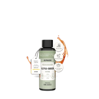 Flasche Alphazoo Alpha-Immun Haustierergänzungsöl mit Spritzer und deutschem Text, der natürliche Rezeptur und fachkundige Entwicklung hervorhebt.