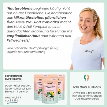 Frau mit 'noms+'-Shirt, drei Beutel mit der Aufschrift 'Haut & Fell Komplex', deutsches Zitat 'Hautprobleme' und '100% MADE IN IRELAND'.