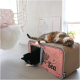 Eine getigerte Katze liegt auf einem rosa katzenhausförmigen Haus, während eine schwarz-weiße Katze von innen herausspäht.