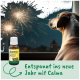 Ein Hund beobachtet Feuerwerk von einem Fenster aus, mit einer "Calma" Beruhigungslösung Flasche in der Nähe. Text: "Entspannt ins neue Jahr mit Calma."