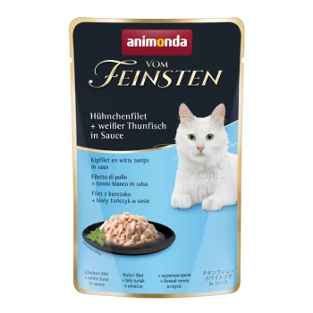 Vom Feinsten 18 x 50 g avec filet de poulet et thon blanc, En sauce Poche de nourriture pour chat Animonda Vom Feinsten avec filet de poulet et thon blanc en sauce, avec une image de chat blanc et une suggestion de service.