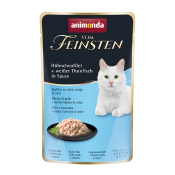 Tüte Animonda Vom Feinsten Katzenfutter mit Hähnchenfilet und weißem Thunfisch in Sauce, mit einem Bild einer weißen Katze und einer Serviervorschlag.