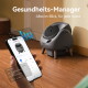 Automatische Katzentoilette an der Wand mit Smartphone-App, die Nutzungsdiagramme anzeigt und die deutsche Überschrift 'Gesundheits-Manager'.
