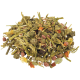 Small-animal food mix: hay, alfalfa pellets, dried carrot and vegetable pieces in a pile (rabbit/guinea pig food).
