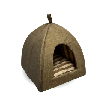 Brown fabric tepee pet bed with arched entrance, striped beige-brown cushion inside and top loop.