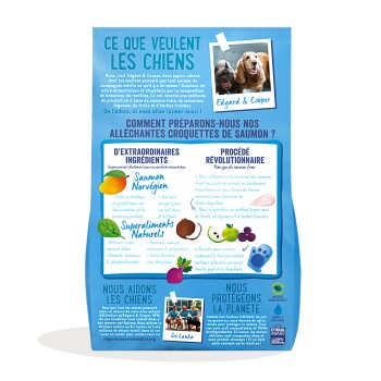 Sac d'aliments pour chiens bleu portant 'Ce que veulent les chiens' et Edgard & Cooper, photo de deux chiens, ingrédients des croquettes au saumon.