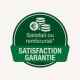 Badge de garantie de satisfaction verte avec des pièces en euros, avec le texte "Satisfait ou remboursé*" et "SATISFACTION GARANTIE".
