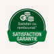 Grünes Zufriedenheitsgarantie-Abzeichen mit Euro-Münzen, mit dem Text "Satisfait ou remboursé*" und "SATISFACTION GARANTIE".
