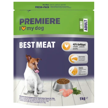 Premiere I love my dog Mini Adult Best Meat Hundefutter, 42 % Geflügel, kleine Kroketten, reduzierter Kotgeruch, 1 kg Packung.