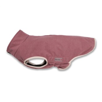 Rosa Fleece-Hundejacke mit beiger Einfassung und "WOLTERS" Etikett, entworfen für kleine bis mittelgroße Haustiere.