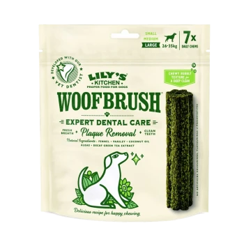 Lily's Kitchen Woof Brush Zahnpflege-Kauartikel für Hunde, mit einem grünen Stab und Text über "Experten-Zahnpflege" und natürlichen Zutaten.