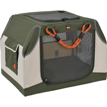 Caisse pour animaux portable en vert olive et beige, avec des panneaux en maille pour la ventilation, des poignées orange et une poche latérale.