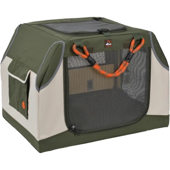 Draagbare huisdierkennel in olijfgroen en beige, met gaaspanelen voor ventilatie, oranje handvatten en een zijvak.