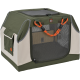 Tragbare Haustierbox in Olivgrün und Beige, mit Netzpaneelen zur Belüftung, orangefarbenen Griffen und einer Seitentasche.