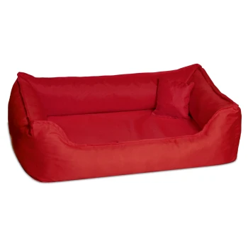 Rotes Haustierbett mit erhöhten Seiten und einem kleinen passenden Kissen, entworfen für Komfort und Stil.