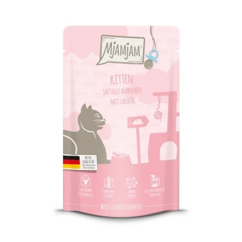 Nassfutter Katze Kitten, Quetschie, Huhn mit Lachsöl 12x125 g Mjamjam-Kittenfutterbeutel mit einer verspielten Katzensilhouette, pinkem Hintergrund und dem Text "Kitten, saftiges Hühnchen mit Lachsöl."