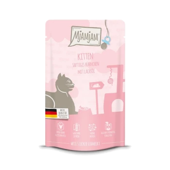 Mjamjam-Kittenfutterbeutel mit einer verspielten Katzensilhouette, pinkem Hintergrund und dem Text "Kitten, saftiges Hühnchen mit Lachsöl."