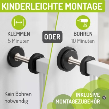 Vergleich der Installationsmethoden: "Klemmen" (5 min, kein Bohren) vs. "Bohren" (10 min). Hebt die einfache Installation hervor und enthält Zubehör.