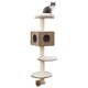 Nowoczesne drzewko dla kotów z przytulnym górnym siedziskiem, sześciennym schowkiem i wieloma platformami, z szarym kotem tabby siedzącym na górze.