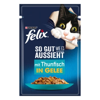So gut wie es aussieht Thunfisch 52x85 g Felix Katzenfutterbeutel mit einer verspielten schwarz-weißen Katze, die durch die Verpackung schaut, mit dem Text "So gut wie es aussieht mit Thunfisch in Gelee."