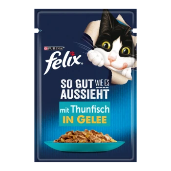 Felix Katzenfutterbeutel mit einer verspielten schwarz-weißen Katze, die durch die Verpackung schaut, mit dem Text "So gut wie es aussieht mit Thunfisch in Gelee."
