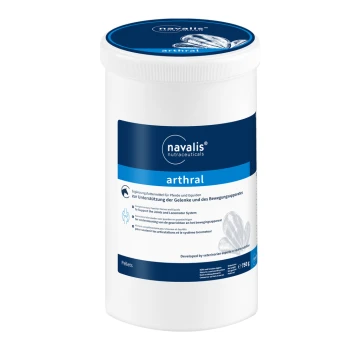 Behälter von Navalis Arthral, einem Gelenkunterstützungssupplement für Pferde, mit mehrsprachigem Text, der seinen Zweck und seine Anwendung beschreibt.